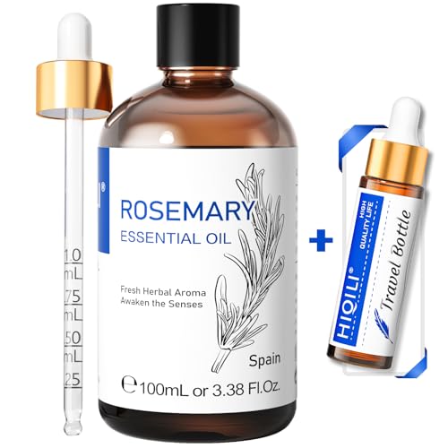 HIQILI 100 ml óleo essencial alecrim, 100 % puro natural para o crescimento do cabelo, queda do cabelo, cuidado com o couro cabeludo, grau terapêutico para uso em difusor - garrafa de viagem incluída