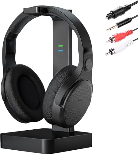 MONODEAL Auriculares sem fios TV, 35 h de reprodução, plug and play, auriculares para TV com saídas de áudio óticas AUX ou RCA, capacetes sem fios TV com base, sem atraso de áudio