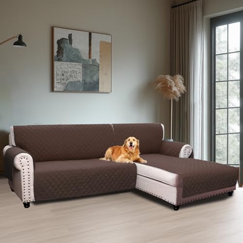 BellaHills Capa para sofá Chaise Longue 3 lugares, capa sofá Chaise longo acolchoado braço direito forma de L 247 cm, antimanchas, laváveis, castanho escuro