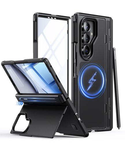 JUESHITUO Capa para Samsung Galaxy Z Fold 7 com ranhura para S Pen (sem S Pen), suporte, proteção de dobradiça e protetor de ecrã, fino, resistente a choques e riscos - preto