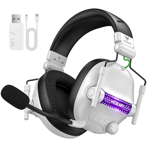 WESEARY Capacetes de jogos sem fios, auriculares Gaming sem fios de 2,4 G para PC, PS4, P5, Switch, telemóvel, som estéreo Pro, auriculares com microfone, PS5 capacetes com luz RGB, duração 50 HR +