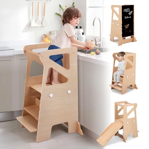 Labebe Torre de aprendizagem para crianças, Montessori com escorregã, 4 em 1 Learning Tower regulável em altura com ardósia, cadeira de aprendizagem infantil multifuncional banco