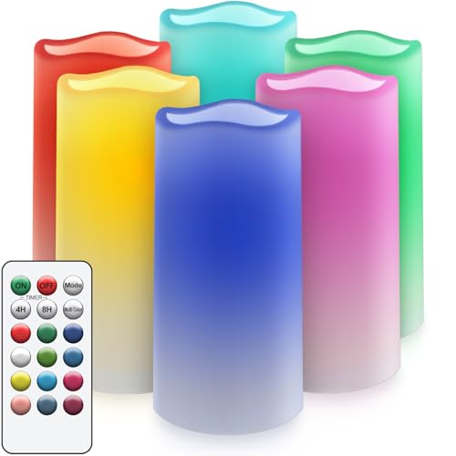 salipt Velas LED Conjunto de 6, velas elétricas mudança de cor RGB, 7,6 cm de diâmetro, velas a pilhas de plástico sem chama com controlo remoto, temporizador, impermeáveis, 15,3 cm de altura
