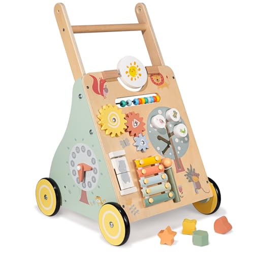 Andador de madeira para bebé, modeladores para bebés com brinquedos Montessori, caminhador para bebé, 8 atividades interativas, brinquedos para bebés de 1 ano, Baby Walker presentes para meninos e