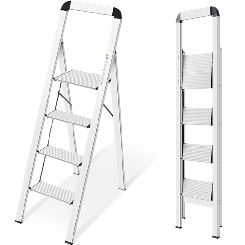 KINGRACK Escada de tesoura 4 degraus dobrável de alumínio, escada doméstica estreita com corrimãos, mecanismo anti-dobrado, uso doméstico cozinha despensa escritório, economia de espaço e portátil,