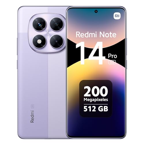 Xiaomi Redmi Note 14 Pro 5G, Smartphone de 12+512 GB, ecrã de 6,67" AMOLED FHD+ 120Hz, MediaTek Dimensity 7300-Ultra, câmara de 200 MP, TurboCharge 45 W, carregador não incluído, roxo (versão ES) )