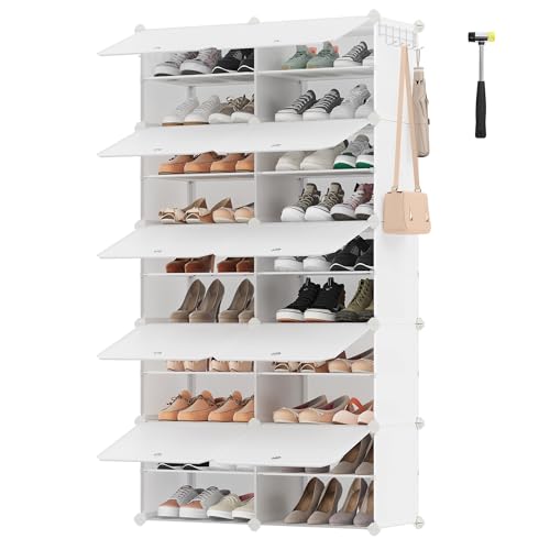 SONGMICS Armário de sapato de plástico, 10 compartimentos para 40 pares de sapatos, com portas, estrutura de aço e prateleiras de plástico, armário para quarto, nuvem branca LPC035W02
