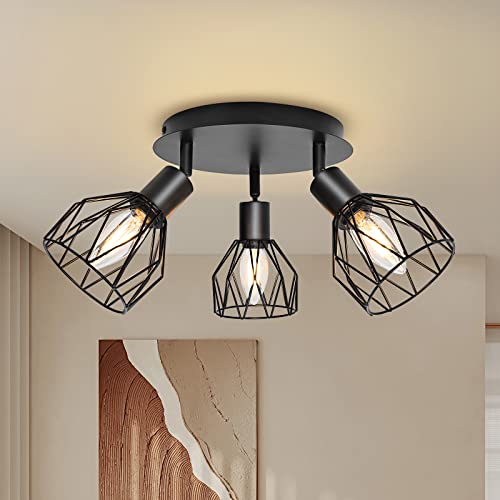 KYOTECH Candeeiro de teto LED com 3 focos E14 ajustáveis e giratórios - candeeiro retro preto para quarto, salas - sem lâmpada