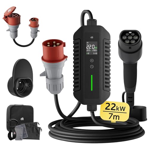 dé Carregador de carro elétrico 22 kW [3-Fases, 7 m, 6-32A] com carga ajustável, carregador de veículo elétrico de 22 kW e estação de carregamento para carro móvel / Wallbox para modelo Y/3, e-Tron