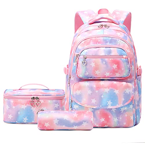 SIVENKE Conjunto de mochila escolar com lancheira, estojo para lápis, conjunto de 3 bolsas para livros estrelas mochilas escolares mochilas infantis 8 10 12 14 16 anos 3 peças conjunto de mochila