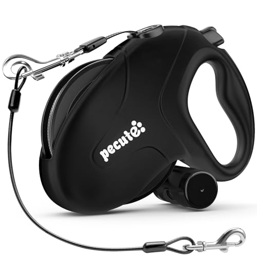 Pecute Trela de cão extensível/retrátil de 10 m, até 50 kg, trela retrátil para cães melhorada à prova de mordiscos, trelas com faixas refletoras para passeios diários do cão
