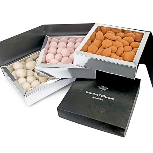 Variedade de bombons deluxe. Caixa de chocolate para presente, variedade de bombons de 3 andares em cartão de luxo, bocolate Gourmet (450 g). Ideal para oferecer (caixa prateada)