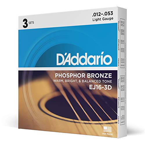 D'Addario Cordas de guitarra acústica - cordas de guitarra - cordas de guitarra acústica - EJ16-3D - Extra leve, 12-53 - pacote 3, 3 pacotes, luz, 12-53