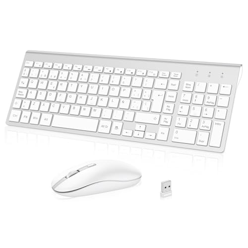 cimetech Combo teclado e rato sem fios, 2,4 G espanhol 2 em 1 USB ultra fino silencioso mouse, para PC/computadores / secretária (branco e prateado)