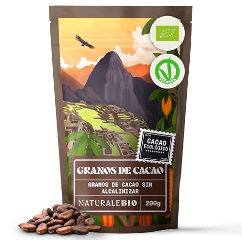 NaturaleBio Grãos de cacau cru ecológico 200 g. Bio, natural e puro. Cultivado no Peru a partir da planta Theobroma cacau.