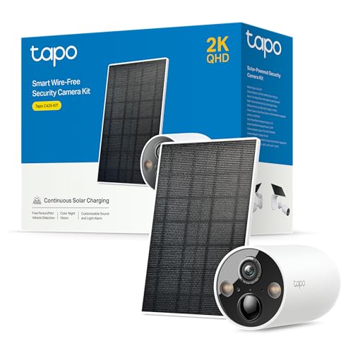 Tapo C425 Kit - câmara de segurança solar, resolução 2K, visão noturna colorida, memória microSD, bateria de 1000 mAh, campo de visão super grande ângulo de 150 °, compatível com Alexa