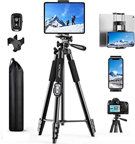 Tripé para iPad iPhone câmera, MACTREM 165 cm tripé câmara de telemóvel com remoto Bluetooth para tablet Smartphone/Huawei/Samsung, GoPro, Nikon, Sony - preto