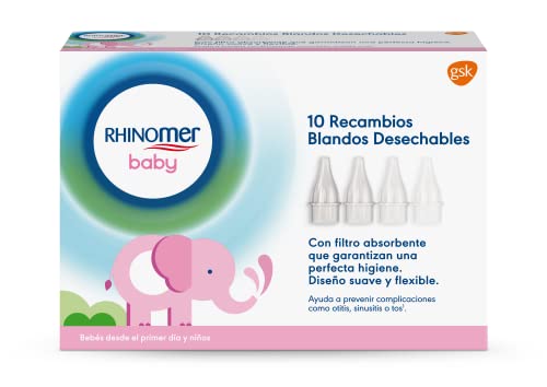 Rhinomer Baby Narhinel Conforto, 10 peças de reposição macias descartáveis para aspirador nasal, melhor ajuste ao nariz do bebé, com filtro absorvente de muco