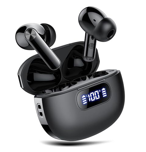 Auriculares sem fios Bluetooth, Bluetooth 5.3 com 4 microfones de cancelamento de ruído ENC, HiFi estéreo, 48H Reprodução capacetes sem fios com ecrã LED, IP7 impermeável, ajuste confortável
