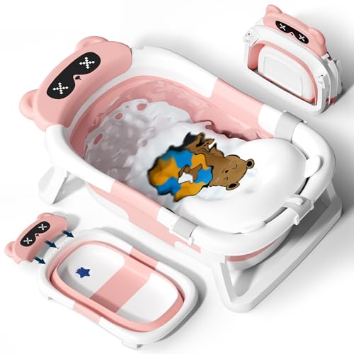 COOSEYA Banheira dobrável para bebé, banheira dobrável para recém-nascido com almofada macia (0-12 meses), presente ideal para recém-nascido de bebé para criança pequena de viagem portátil economiza
