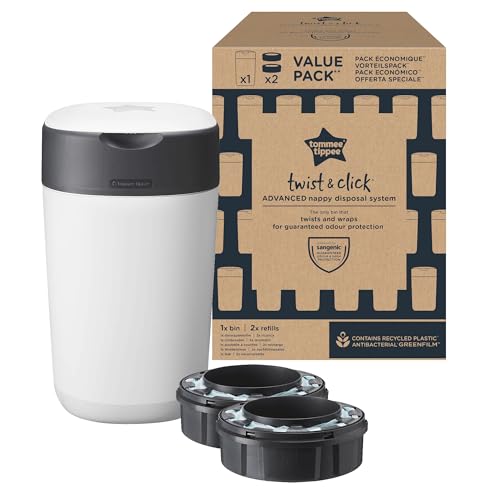 Tommee Tippee Recipiente de fraldas Twist & Click, pacote exclusivo com 2 cartuchos de substituição (1 recarga e 1 extra), proteção garantida contra odores e germes, a embalagem pode variar