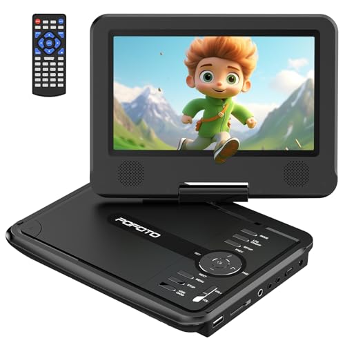POFOTO Leitor de DVD portátil de 9,5" para crianças com ecrã rotativo HD de 7,5", suporta 4-6 horas de bateria incorporada, altifalante estéreo, suporta discos/SD/USB, sincronização TV/projetor