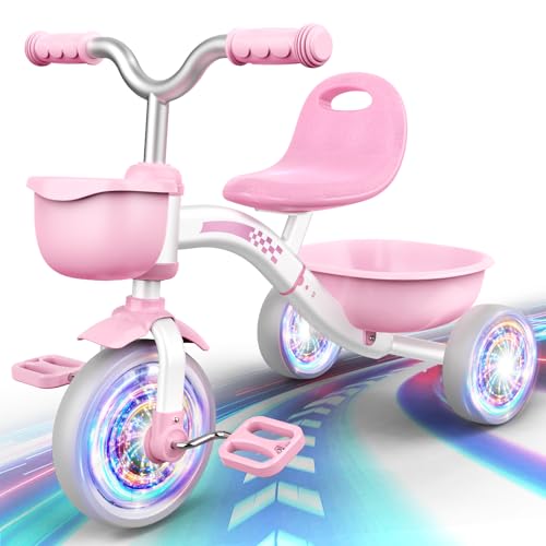 Braxel Triciclo para crianças dos 2 aos 5 anos, triângulo evolutivo com assento ajustável luzes legais para menino e menina de 1 a 4 anos carga 35 kg, rosa