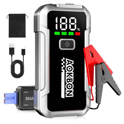 AOKBON Arrancador de carros 4000A 12 V iniciador de bateria para 8 L de gasolina ou 6 L de diesel Booster com ecrã LCD grandes clipes de segurança inteligentes carregamento USB e luz LED