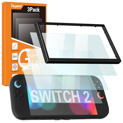 Teyomi 3 peças protetor de ecrã compatível com Nintendo Switch 2, vidro temperado para Nintendo Switch 2 de estrutura de alinhamento para a instalação, película protetora fácil de instalar