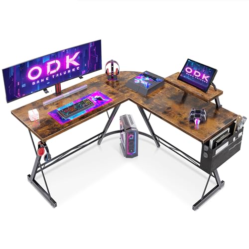 ODK Mesa de jogos com suporte para monitor de mesa em L mesa para computador de madeira vintage 127 x 127 cm