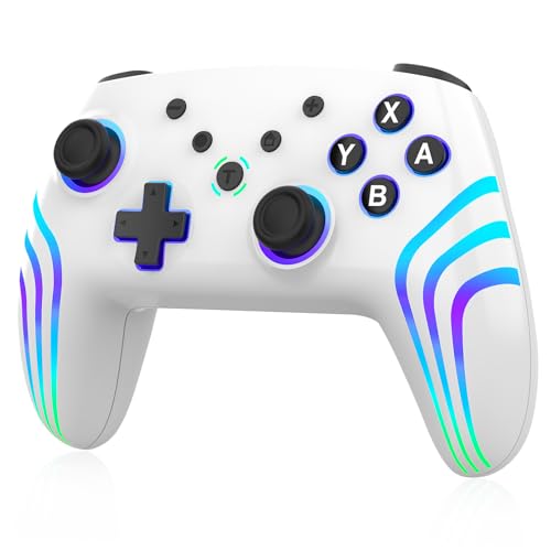 Mando Inalámbrico para consola Switch/Lite/OLED, Mando Switch Pro con iluminación RGB Que Cambia de Color/Vibración Dual/Giroscopio de 6 Ejes/Despertar, Joystick Preciso de Diseño Ergonómico, Blanco