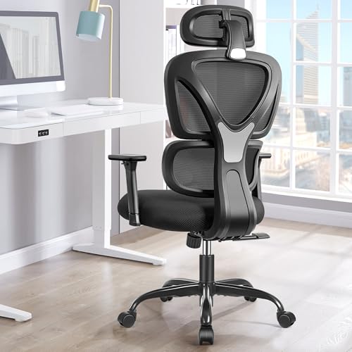 KERDOM Cadeiras ergonómicas escritório, cadeira de secretária com suporte lombar, encosto de cabeça ajustável, apoio de braços, cadeira giratória para computador, preto 360°