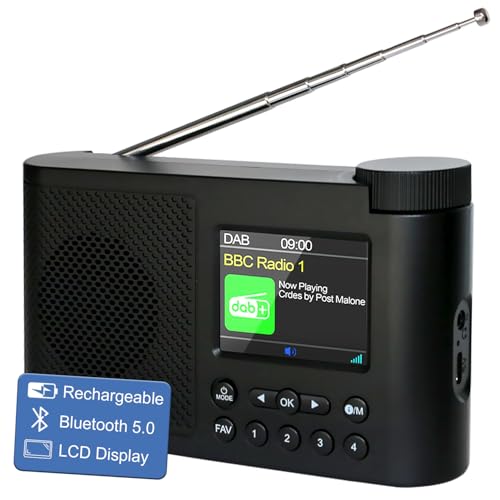 Rádio portátil pequeno, rádio Dab/FM, rádio com Bluetooth, rádio digital a pilhas, relógio com alarme duplo, temporizador de desligamento automático, 40 estações pré-programadas
