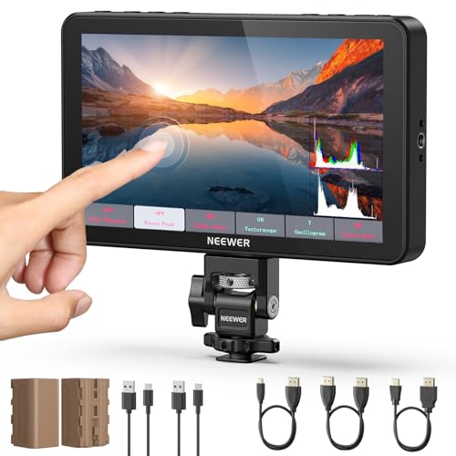 NEEWER F700 Monitor de campo câmera, ecrã táctil IPS 2000 nit com LUT 3D, entrada/saída loop HDMI 4K com Peak Focus DSLR Video Assist HDR Waveform, sapato frio Mount, 2 baterias NP-F7700 50C Cabo