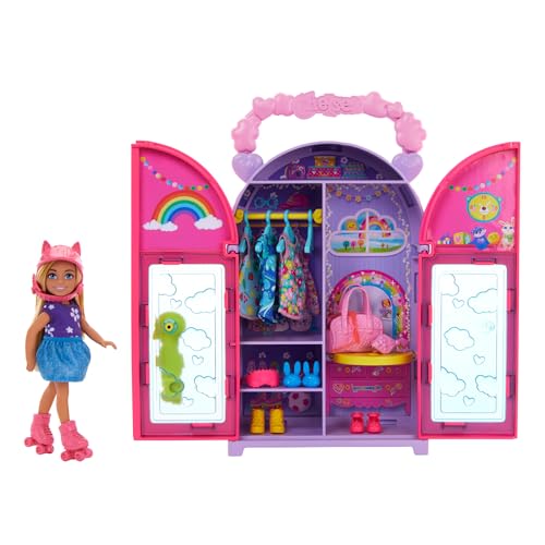 Barbie Boneca Chelsea com armário de sonho portátil e 15 peças de roupa e acessórios para obter 4 Looks de moda diferentes, brinquedo + 3 anos (HXN03)