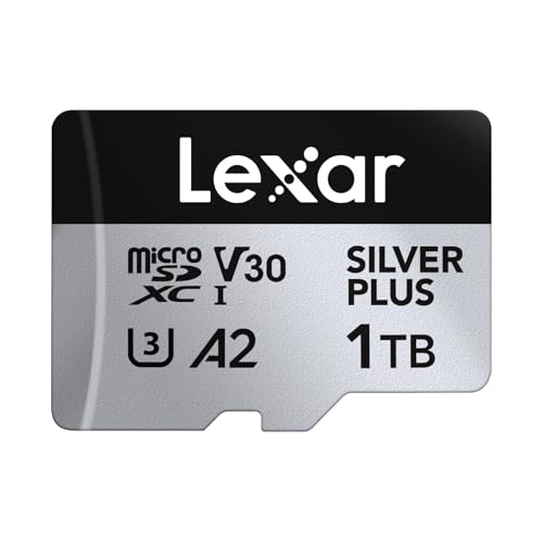 Lexar Micro SD Silver Plus de 1 TB, velocidade de leitura até 205 MB/s, velocidade de gravação de 150 MB/s, cartão de memória micro SD com adaptador SD, UHS-I, A2, U3, V30, classe 10, 4K
