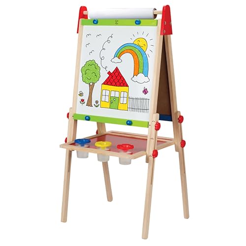 Hape Ardósia cavalete tudo em 1 de madeira, altura ajustável e rolo de papel, quadro branco, quadro de giz, ímãs e 3 frascos de pintura