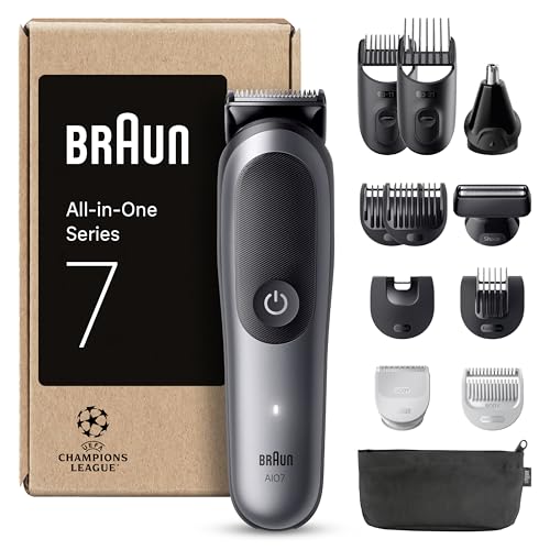 Braun Aparador Tudo em um série 7 AIO7545, kit de Styling 12em 1 para barba, cabelo, orelhas, nariz e corpo, 14 comprimentos, 120 min de automonomia, cinzento, a embalagem pode variar