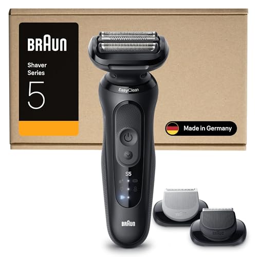 Braun Máquina de barbear elétrica homem série 5, máquina de barbear a seco e molhado, 2 modos de barbear, 50 min de uso, cabeça de aparador corporal, estojo de viagem, 52-N1650SI, preto