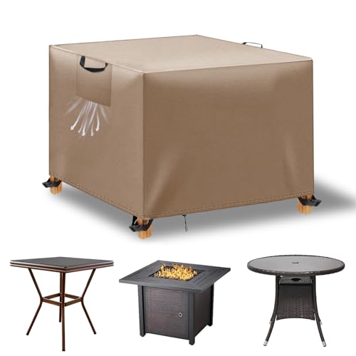 WUAYAMI Capa para móveis de jardim exterior, capa de mesa exterior impermeável, tecido Oxford 420D, anti-vento, anti-UV, capa protetora mesa exterior com saídas de ar, caqui, 70 x 70 cm