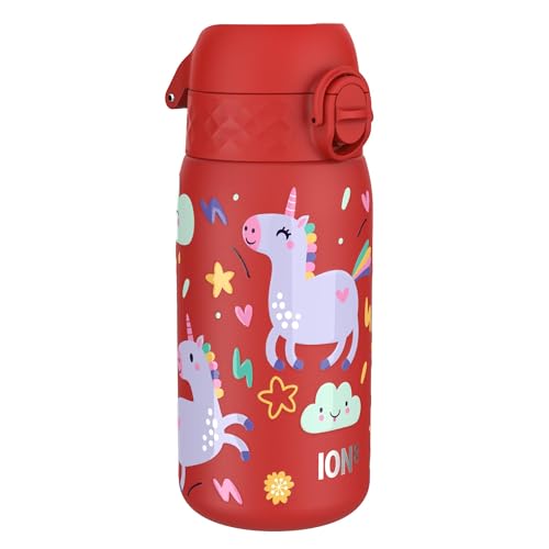 ion8 Garrafa de água Inox leve para crianças, 400 ml, sem isolamento, à prova de fugas, fácil de abrir, fechadura segura, adequada para máquina de lavar louça, tampa rebatível, fácil de limpar