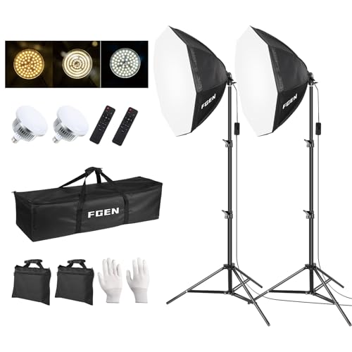 FGen Softbox Set Photo Studio, luz fotográfica LED octogonal de 70 cm com 135 W 3000-6500 K, luz de fotografia com tripé totalmente ajustável de 2 m