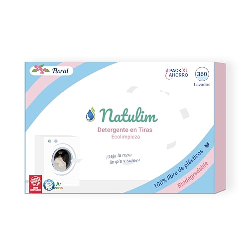 Natulim - Detergente em tiras para máquina de lavar (360 lavagens) - Inclui efeito suave, ecológico, hipoalergénico, zero waste, Made in Spain - roupa limpa e macia sem sujar o planeta (floral)