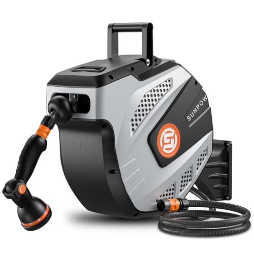 SUNPOW Enrolador de mangueira de jardim de 25 m + 2 m, mangueira de rolo com 10 modos de pulverização, retiração automática, bloqueio de comprimento, base de parede de 180 ° giratória