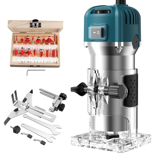 JiGiU 800 W Fresadora de madeira velocidade variável máquina de cortar elétrica 6,35 mm (1/4 polegadas) 3000 r/min com 6 pontas de carboneto, corpo de liga de alumínio resistente com 15 peças morangos