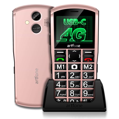 artfone 4G Telemóvel para idosos - Sênior telemóveis de teclas grandes e volume alto Botão Semelhor Base de Carregamento Bateria 1800 mAHSJFS Rádio Anúncio de hora por vozSJFS Tela 2,4 " - rosa