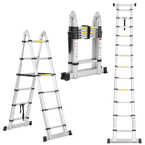 Cecaylie Escada telescópica dobrável de alumínio, 3,8 m (1,9 m + 1,9 m), escada extensível com estabilizadores, portátil, moldura em A, escada de pé antiderrapante, carga máxima de 150 kg (prata)