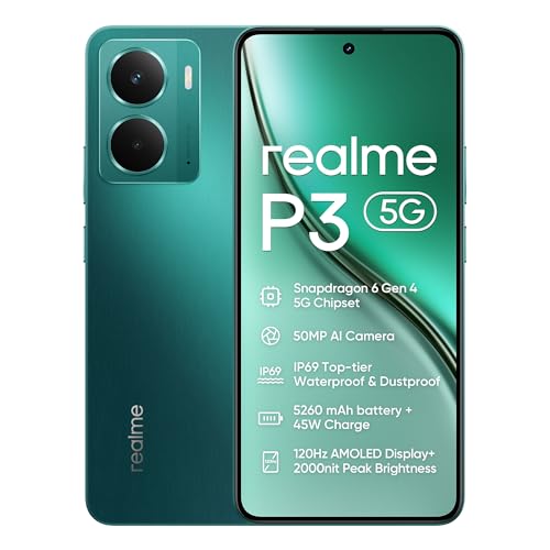 realme Smartphone P3 5G, 8 + 256 GB, bateria de 5260 mAh, carregamento de 45 W, chipset Snapdragon 6 Gen 4, câmara AI de 50 MP, ecrã Pro-Esports de 2000 nits120 Hz, IP69, verde (sem adaptador )