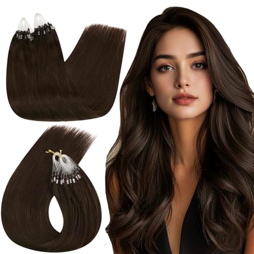 Ugeat Micro Ring Extensões de cabelo natural castanho mais escuro azabache extensões micro anel cabelo natural 50 cm 50 g extensões de microring