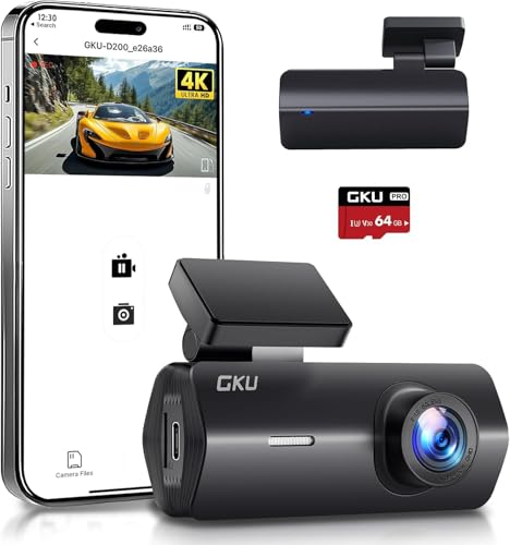 Câmara de carro WiFi GKU Dashcam Full HD 2,5 K 1600P e super visão noturna, WDR, design ultra compacto, grande ângulo 170 °, sensor G, gravação em loop, monitor de estacionamento 24H, MAX 2566 G